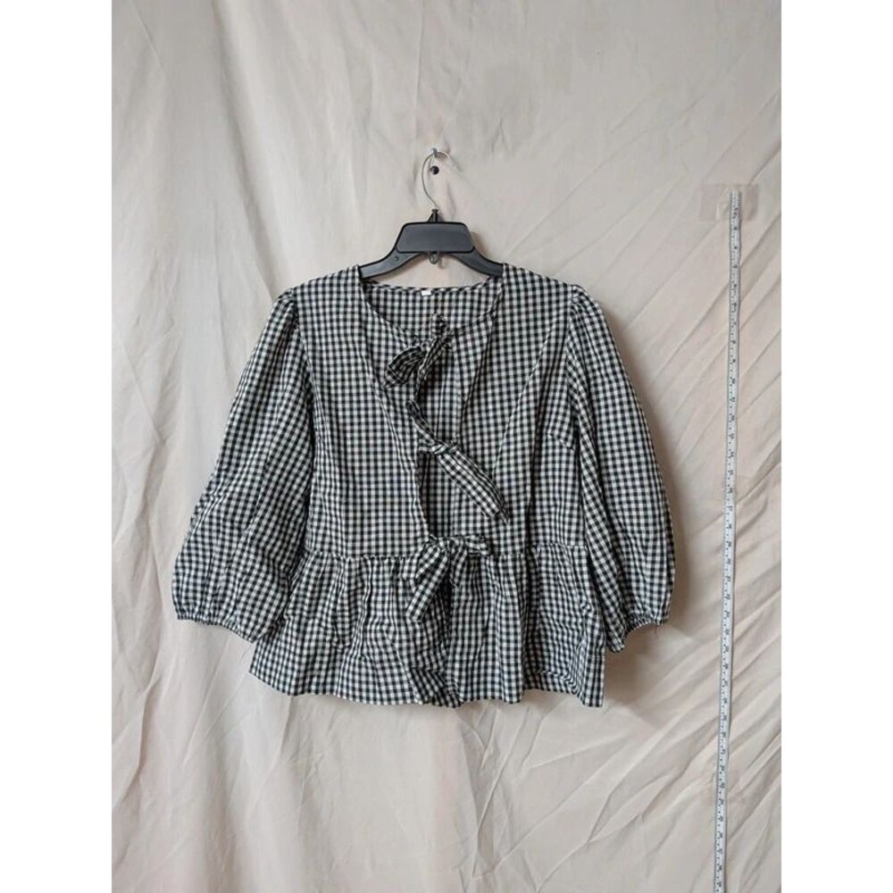 Black & White Gingham Tie-Front Peplum Blouse / Babydoll Top - Size M